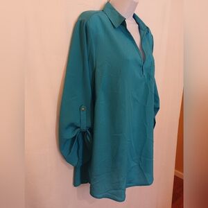 Millenium Women's Top 3/4 Sleeves Split Neck Tunic Blue Green Plus Size 1X